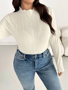 SHEIN Essnce 大码女装秋冬时尚休闲高弹舒适日常纹理面料，杏色高领长袖修身T恤，基础款上衣，秋季穿搭，外出上衣