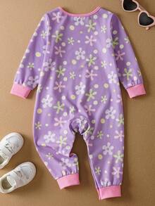 SpongeBob SquarePants | SHEIN Baby Girl Casual Cute Cartoon Patchwork Print Long Sleeve Jumpsuit - Purple - View 2