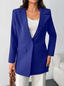 EURMUSE LAPEL COLLAR BODY POCKET FABRIC BUTTON BLAZER - Royal Blue - View 4