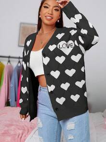 EURMUSE Plus Size Casual Heart Pattern Front Button Cardigan, Autumn/Winter - Dark Grey - View 4