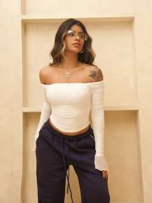 Rayane Ketlyn Camiseta de manga larga con pliegues y hombros descubiertos, estilo minimalista, adecuada para salidas casuales