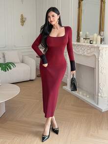 DAZY Women's Autumn/Winter Colorblock Square Neck Long Sleeve Fitted Elegant Knit Dress,New Year - Burgundy - View 5