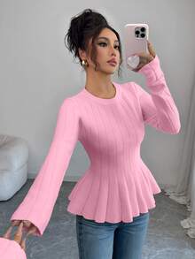 Elenzga Damen eleganter taillierter A-Linien Pullover mit rundem Ausschnitt und Langarm in Unifarbe, Herbst - Pink - Übersicht 1