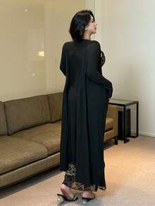 Flirla Plus Size Lace Slip Dress & Ribbed Knit Cardigan 2 Pieces Set Modest - Multicolor - View 2
