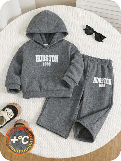 2pcs/Set Baby Boys Thermal Lined Hoodie Sweatshirt And Wide Leg Pants Outfit, Comfortable Casual Fashion Basic Letter Print Tracksuit, Suitable For Indoor, Outdoor, Daily Wear, Sports, Party Festival, Streetwear, Autumn/Winter