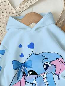 1pc Young Girls' Casual Cute Cartoon Rabbit Bow Print Blue Sweatshirt, Cozy Fall & Winter Styles Long Sleeve Tops - Multicolor - View 7