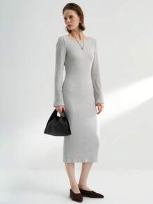 INAWLY Women's Elegant Commuter Solid Color Twist Back Hollow Out Fitted Knit Dress - Light Grey - View 2