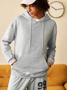 Open Phase 男士长袖口袋人物印花休闲连帽运动衫，秋季 - 灰色 - 查看 6