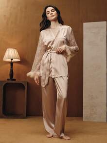 Anewsta 女士蕾丝拼接长袖上衣和裤子睡衣套装，秋季服装，冬季服装 - 香檳色 - 查看 2