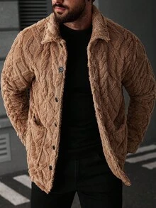 Manfinity Homme 男士几何纹理长袖单排扣休闲抓绒外套，棕色，秋冬款 - 卡其色 - 查看 4