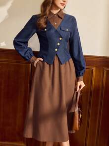 Vintamour Vintage Elegant Women 2 Pieces Set Brown And Blue,Autumn,Elegant,Tea Party Casual Pockets Contrast Color Button Shirt Jacket & Skirt Suit Christmas - Multicolor - View 5