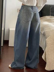 DAZY 女式高腰口袋阔腿宽松休闲牛仔裤 - 藍色 - 查看 2