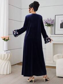 Al Najma Velvet Patchwork Mesh Embroidered Blue Elegant Dress - Multicolor - View 5