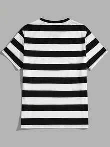 SHEIN Áo thun sọc tay ngắn thoải mái, năng động, dễ mặc cho bé trai tuổi teen - Đen và trắng - Xem 2