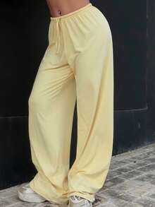 Bearsaez Soft White Knitted Home Baggy Pants, Loose Pants,Butter Yellow