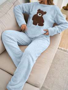 EURMUSE Plus 2pcs Plush Bear Embroidery Detail Homewear PJ Set - Baby Blue - View 4