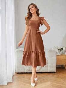 Revavyn Women's Solid Color Square Neck Ruffle Hem Elegant Dress, Suitable For Spring/Summer - Khaki - View 4