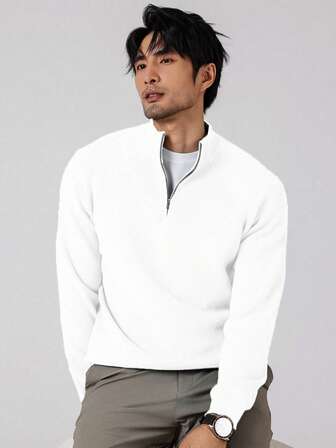 Manfinity Mode Suéter casual masculino de cor sólida com meio zíper, moletom masculino, branco masculino, camisa masculina com zíper, tops de malha masculinos, para outono e inverno