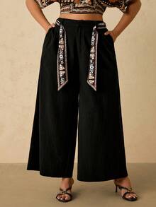 Travachic بنطلون فضفاض بخصر واسع للنساء البدينات، بنطلون فريد مخصص ذو ساق واسعة مع جيوب، بنطلون قطني مريح للنساء في فصل الخريف/الشتاء، فستان أسود - الأسود - مشاهدة 5
