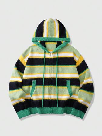Street Life Men's Casual Colorblock Striped Knit Hooded Cardigan, Autumn/Winter
