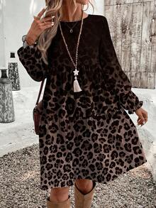 EMERY ROSE Casual Minimalist Ditsy Floral Pattern Loose Fit Round Neck Plus Size Dress, Suitable For Autumn/Winter Women Long Sleeve Dress Leopard Dress For Women Leopard Print Dress Cheetah Print Dress Animal Print Dress New Year Party Cheetah Dress For Women - Multicolor - View 1