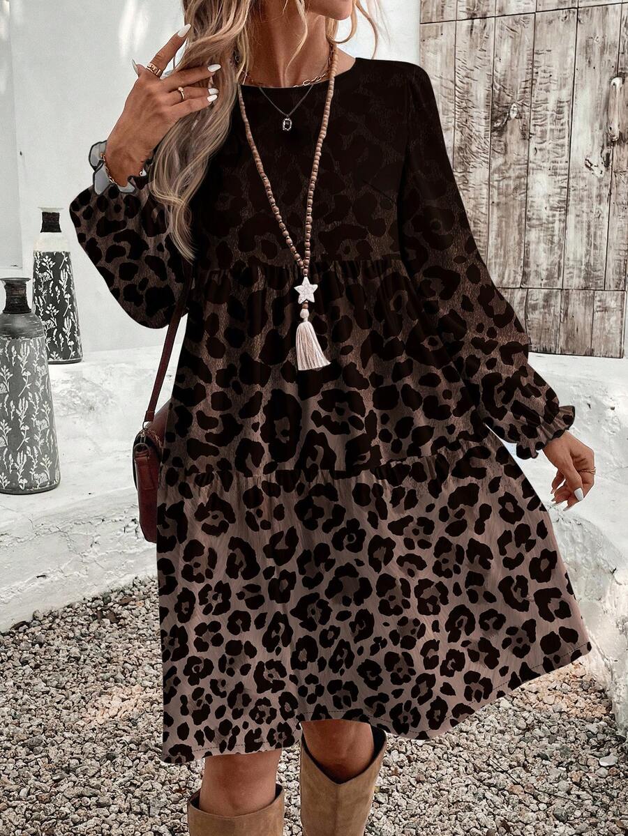 EMERY ROSE Casual Minimalist Ditsy Floral Pattern Loose Fit Round Neck Plus Size Dress, Suitable For Autumn/Winter Women Long Sleeve Dress Leopard Dress For Women Leopard Print Dress Cheetah Print Dress Animal Print Dress New Year Party Cheetah Dress For Women - Multicolor - View 1