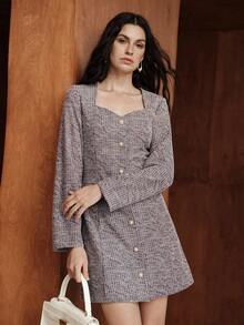 SHEIN Unity 女士新款时尚甜心领纽扣前襟中长连衣裙，春秋季 - 中紫紅色 - 查看 7