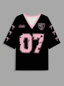SHEIN 少女款 #07 休闲系带宽松V领短袖T恤，印有字母和数字图案，适合夏季穿着 - 彩色 - 查看 2