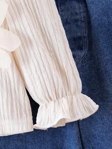 2 Stücke Mädchen elegantes Outfit Set: Beige Chiffon Langarm Top mit Perlknöpfen und floralem Design und gerade geschnittene Hose, Herbst - Aprikosenfarben - Übersicht 3