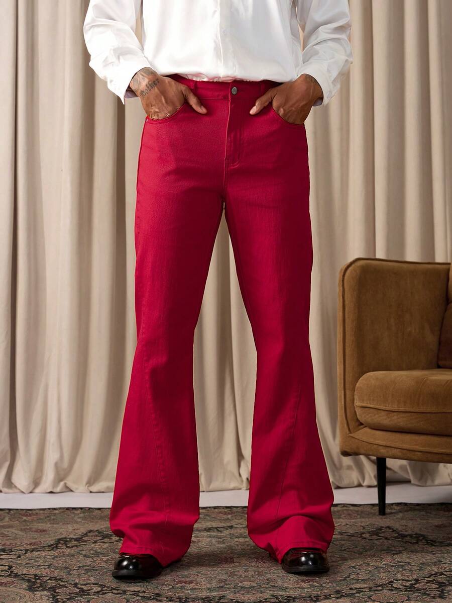 RivetRise Men's Casual Red Horseshoe Slim Fit Flared Jeans - Red - View 1