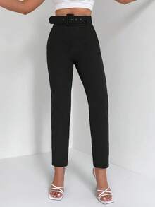 EURMUSE Solid High Waist Suit Trousers - Black - View 5