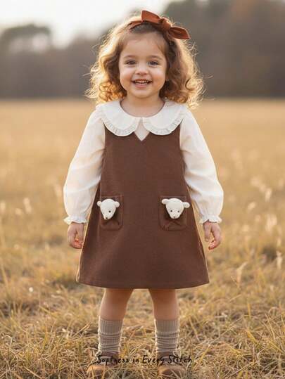 Cozy Pixies 2pcs Baby Girl Peter Pan Collar Long Sleeve Blouse And Bib Overall Dress Set