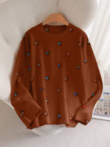 CosyJoli Plus Size Women Casual Fancy Heart & Peach Graphic Long Sleeve Sweater In Fall/Winter/Valentine's Day - Brown - View 3