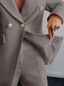 EURMUSE 女士简约商务纯色翻领双排扣西装外套和裤子 - 淺灰色 - 查看 6