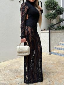 女士长袖花朵蕾丝露背性感连衣裙 - 黑色 - 查看 3