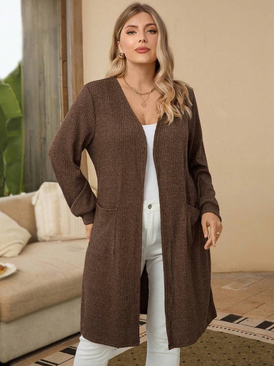 EMERY ROSE Áo khoác cardigan dài tay màu trơn cỡ lớn có túi hở phía trước thường ngày - màu nâu - Xem 1