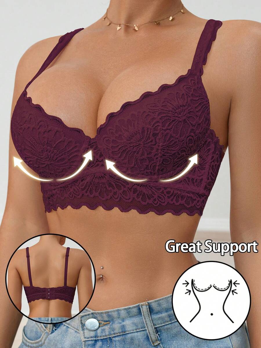 SHEIN Women Sexy Elegant Solid Color Floral Lace Scallop Trim Push Up Underwire Instantlift Bra Lingerie - Purple - View 1