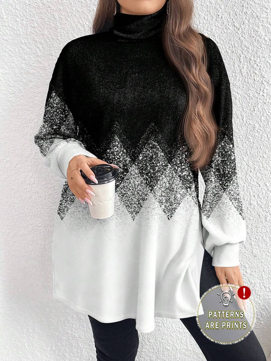 EMERY ROSE Maglietta a collo alto a maniche lunghe da donna con stampa a rombi sfumati e glitter, stile minimalista casual, adatta per autunno, primavera/autunno, autunno/inverno, Natale, colori nero e bianco, taglie comode - Multicolore - Visualizzare 1
