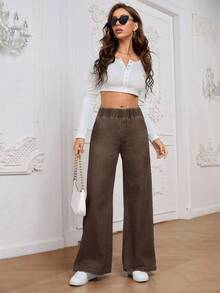 EMERY ROSE Women's Elastic Waist Wide Leg Loose Casual Jeans,Fall,Fall Clothes For Women - Coffee Brown - View 4