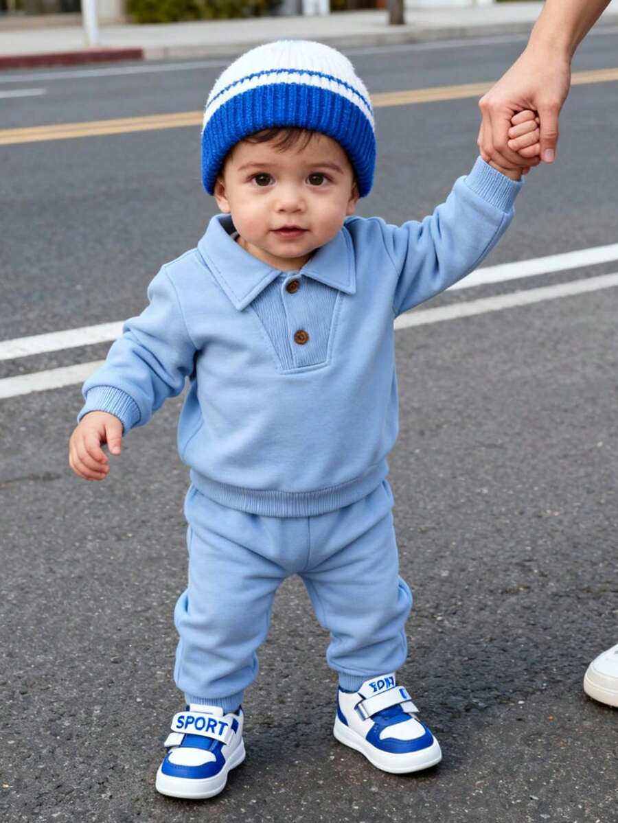 SHEIN Playful Pals 2 件套男婴幼儿 Polo 领休闲针织拉链上衣和配套松紧腰裤套装，蓝色，适合春、秋、冬，6 个月至 3 岁 - 藍色 - 查看 1