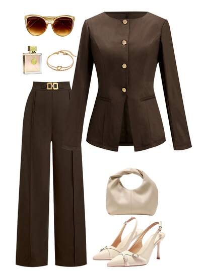 Ellevyn Women's Elegant Commuter Solid Color Jacket And Pants 2 Pieces Set