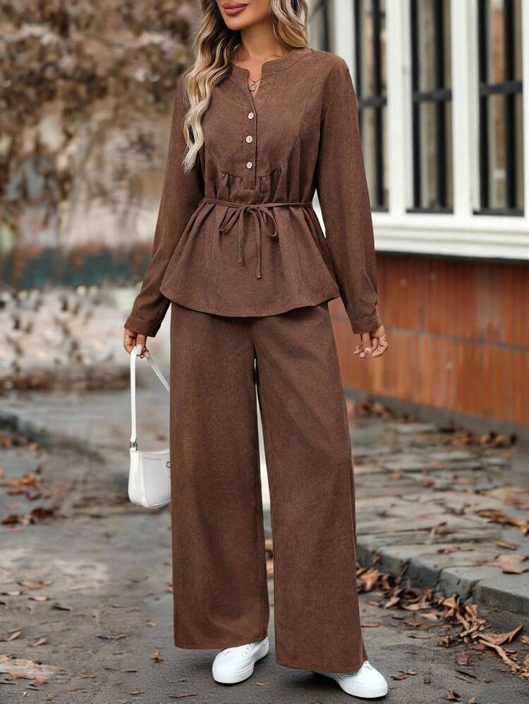 Women's Casual Commuter Solid Color Shirt And Pants 2 Pieces Set Brown
