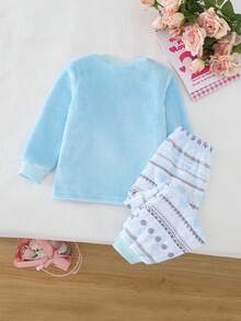 SHEIN Genkimix Kids 女童粉色3D蝴蝶结卡通企鹅刺绣长袖上衣+毛绒长袖家居服套装 - 淺藍色 - 查看 2