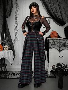 Whyspr 大码女式万圣节格子阔腿朋克休闲工装裤 - 墨綠色 - 查看 5