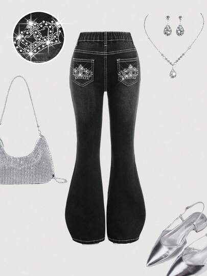 SHEIN Girlism Tween Girls Y2K Casual Washed Grey Washed High-Waist Black Denim Flare Leg Jeans With Shiny Rhinestone Princess Pocket,Halloween Outfits,Fall Clothes,Christmas Pants,Fall Outfits,Girls Fall Winter Back To School Homecoming Jeans,Girls Pants Streetwear Vintage Outfits,Comfortable And Versatile, For 8-12 Years Old Girls, Suitable For School, Home And Travel,Side Pocket Baggy Loose Casual Versatile Denim Pants,Clothes For New Year,Casual Elegant Outfits