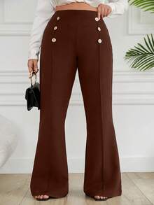EURMUSE Plus Size Double Breasted Decorative Flared Trousers - Mocha Brown - View 5