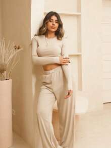Rayane Ketlyn Áo crop top tay dài thường ngày đi nghỉ sân bay ngày lễ mùa thu trở lại trường mùa thu đông - Màu Khaki - Xem 6