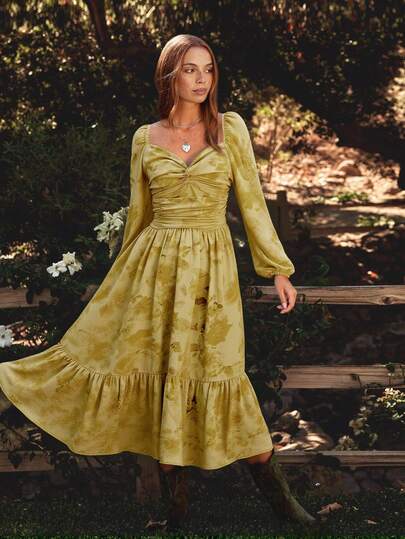 WESTFADE Floral Print Chiffon Sweetheart Neckline Knot Front Long Puff Sleeve Smocked Tiered Midi Dress