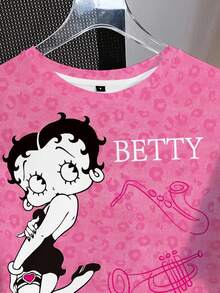 Betty Boop x SHEIN Áo thun cổ tròn tay ngắn họa tiết da báo, chữ và hoạt hình thường ngày dành cho nữ, mùa hè - trắng - Xem 5