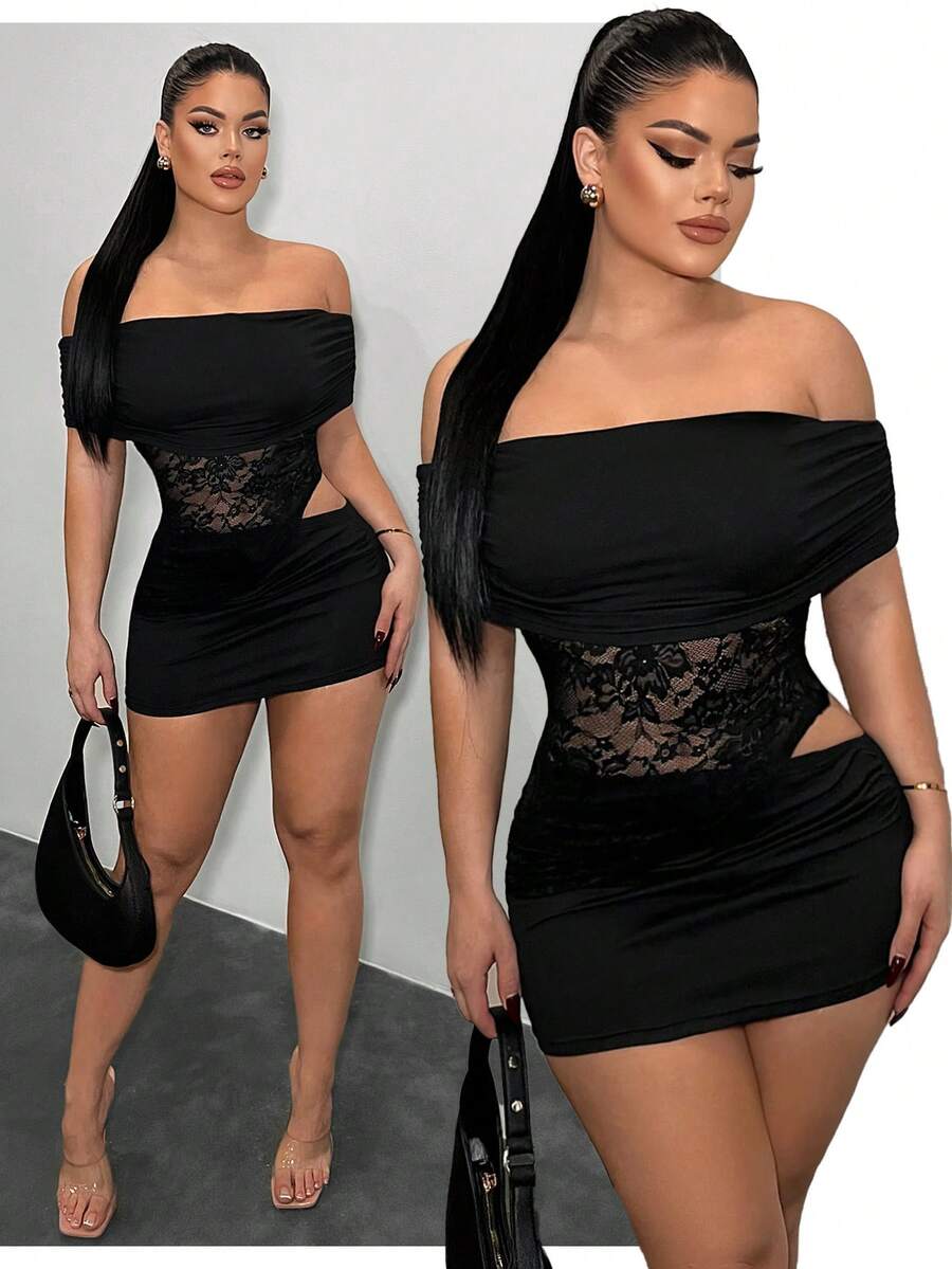 SHEIN SXY Bộ áo ren hở vai tương phản gợi cảm và chân váy ngắn ôm sát thời trang nữ - màu đen - Xem 1